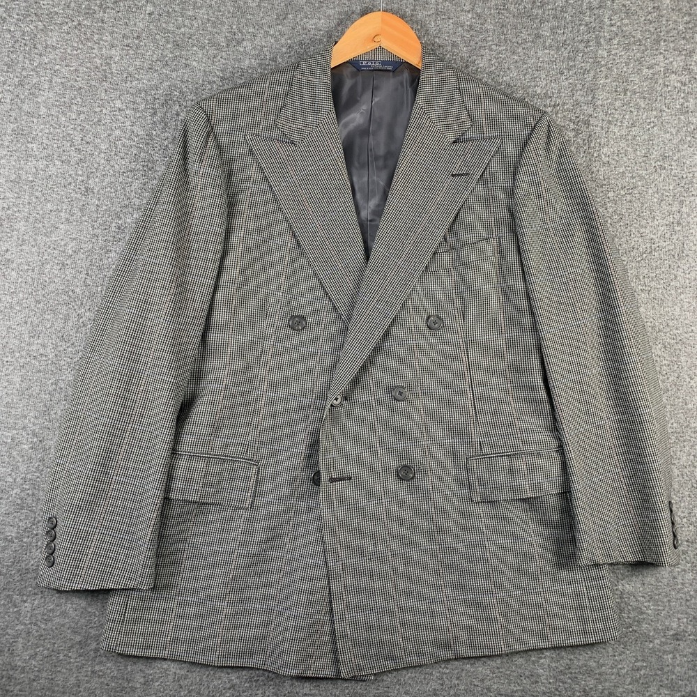 VTG Polo Ralph Lauren Blazer Men 44L Double Breasted Peak Houndstooth Windowpane